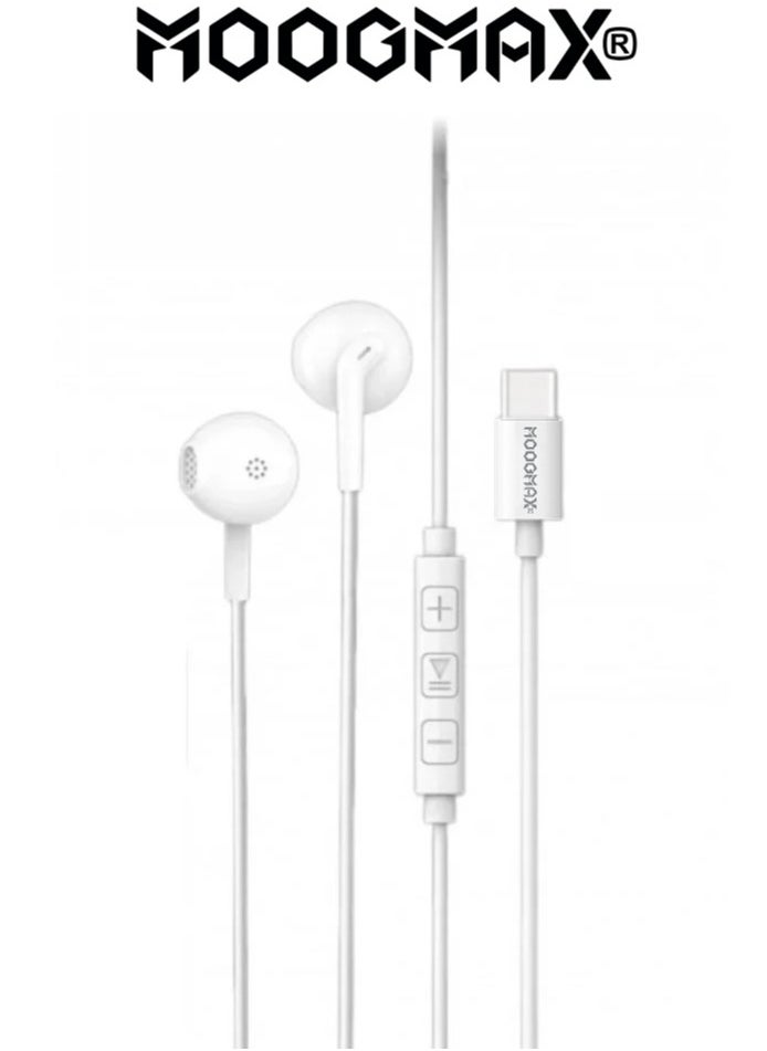 MOOGMAX - 1.2m Type-C earphones wired. Type-C headset wired with a clear, built-in mic. Compatible with iPhone 16 and 15, Samsung, Huawei, and other phones that support a Type-C port. Type-C wired earphones feature control buttons for easy navigation. Type-C wired headphones from MoogMax. - Image 1