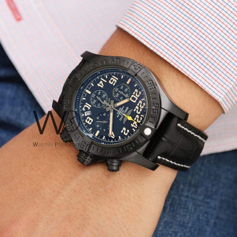Breitling Chronograph Black Watch with Black Leather strap for Men 1134 - Image 4