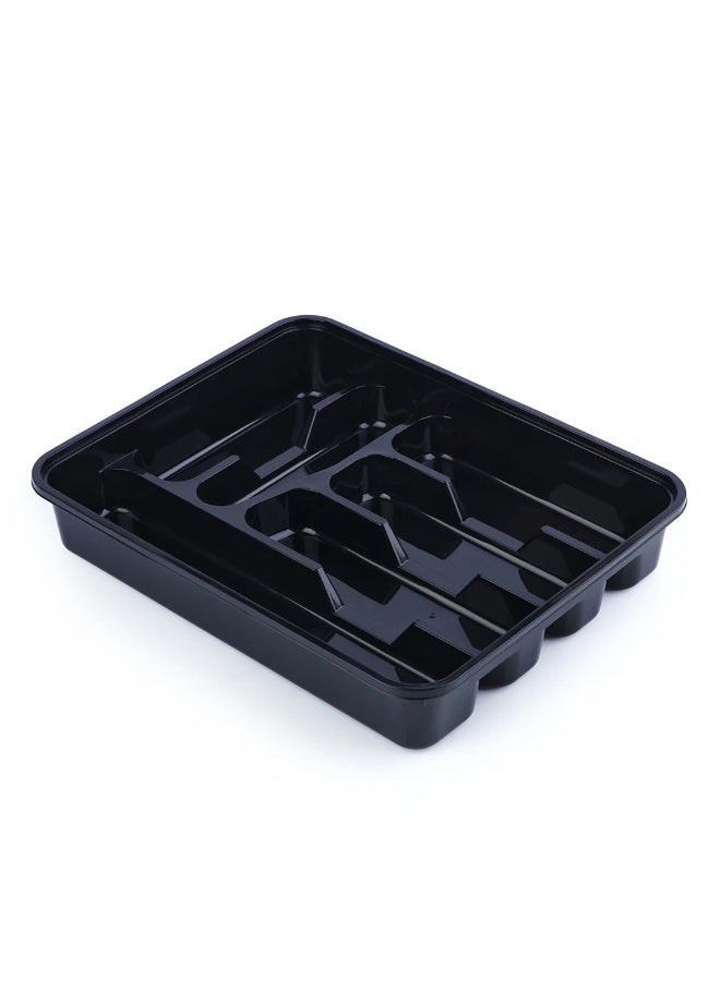 Cutlery Drawer Organizer Tray BLACK– Large Kitchen Utensil Storage Box with Multiple Compartments, Durable Plastic Drawer Divider for Spoons, Forks, Knives, Cutlery & Kitchen Accessories, 38 x 30 x 7 cm