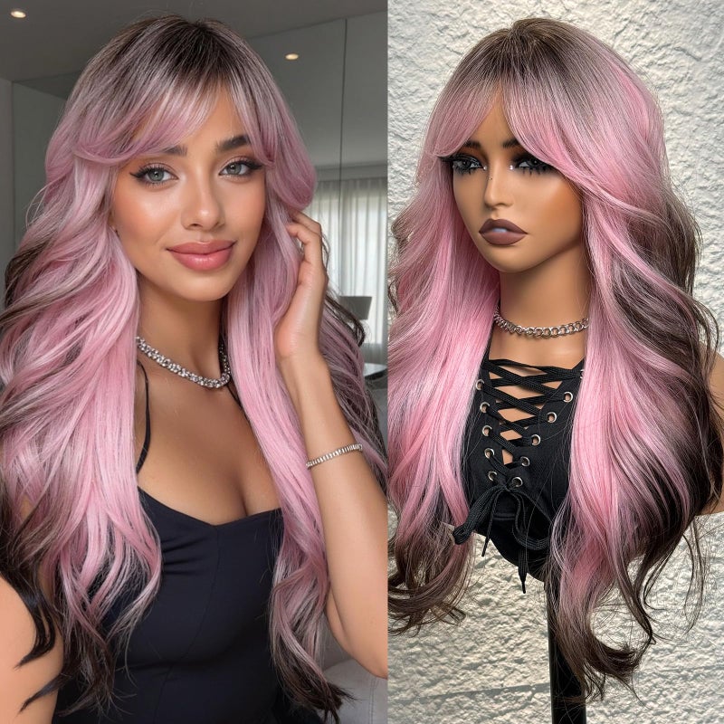 topshe Long Wavy Pink Wig for Women with Bangs, Heat Resistant Synthetic Curly Colorful Wig with Brown Roots & Tips,Layered Style for Girls Party & Cosplay Use 24 Inch - Image 1