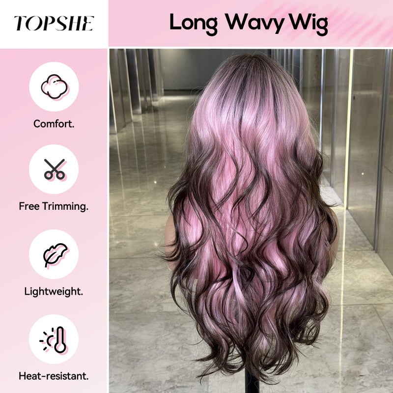topshe Long Wavy Pink Wig for Women with Bangs, Heat Resistant Synthetic Curly Colorful Wig with Brown Roots & Tips,Layered Style for Girls Party & Cosplay Use 24 Inch - Image 3