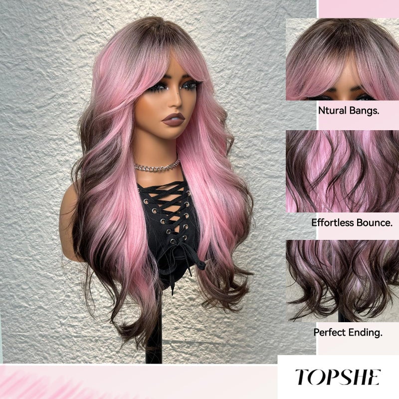 topshe Long Wavy Pink Wig for Women with Bangs, Heat Resistant Synthetic Curly Colorful Wig with Brown Roots & Tips,Layered Style for Girls Party & Cosplay Use 24 Inch - Image 4