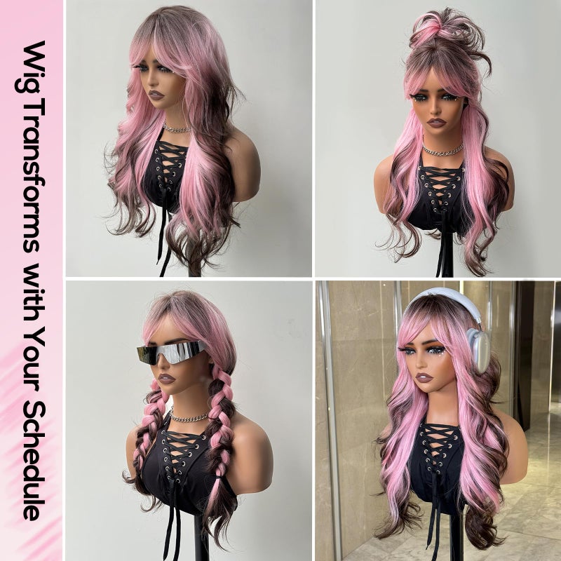 topshe Long Wavy Pink Wig for Women with Bangs, Heat Resistant Synthetic Curly Colorful Wig with Brown Roots & Tips,Layered Style for Girls Party & Cosplay Use 24 Inch - Image 2