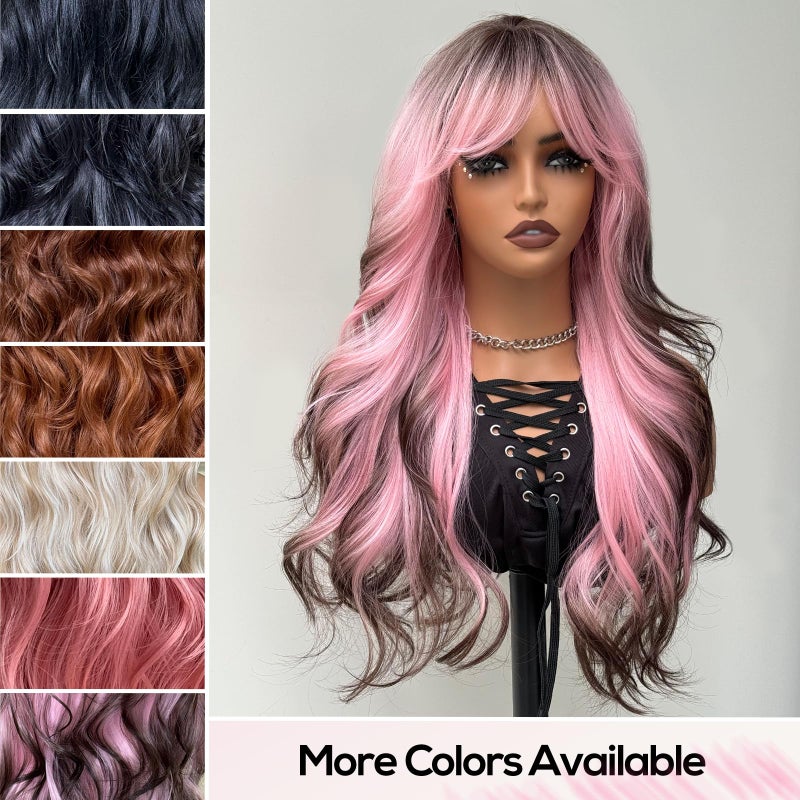 topshe Long Wavy Pink Wig for Women with Bangs, Heat Resistant Synthetic Curly Colorful Wig with Brown Roots & Tips,Layered Style for Girls Party & Cosplay Use 24 Inch - Image 5