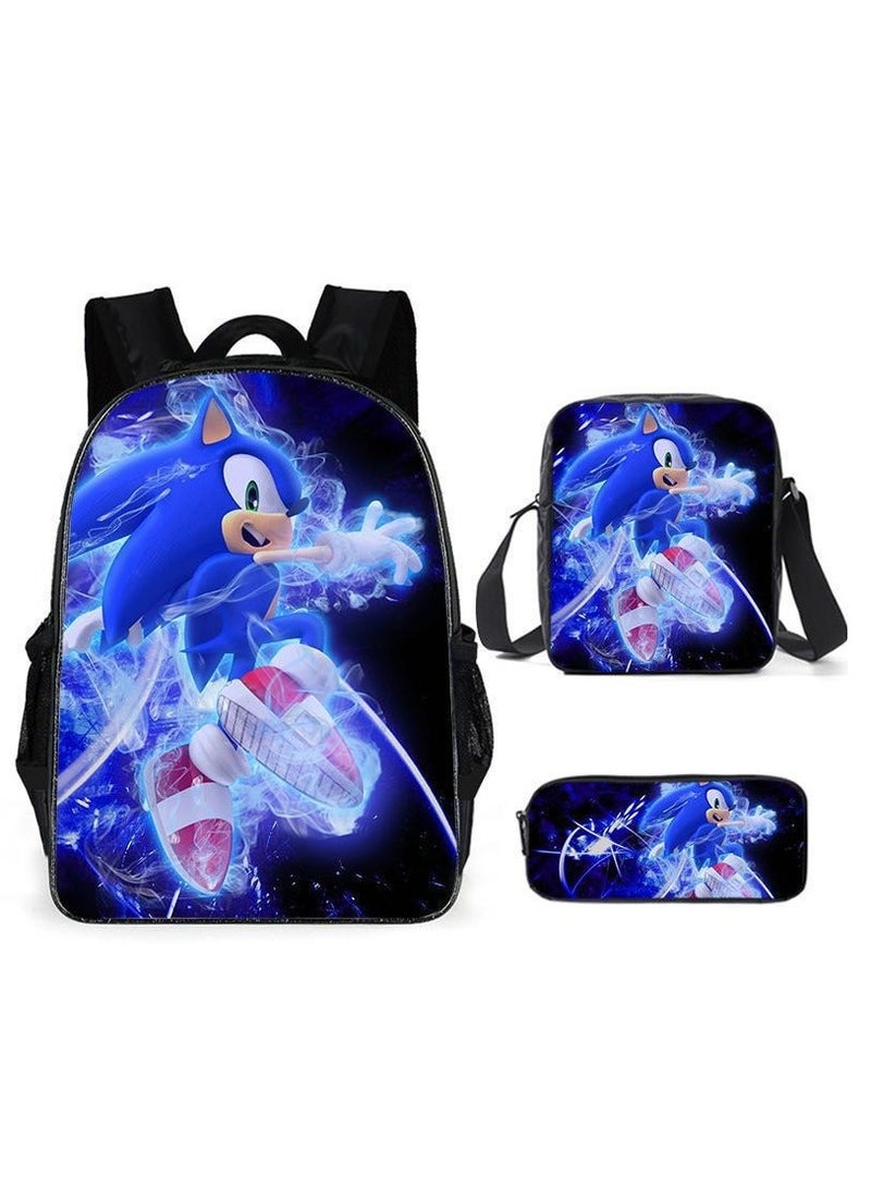 Sonic student large capacity backpack three piece set, anime cartoon backpack, shoulder bag pen bag