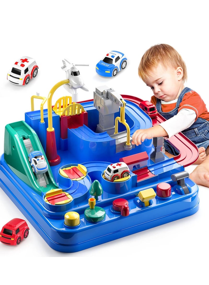 Hanayo مجموعة مسارات العجلات مع 4 ألعاب سيارات متعددة الممرات لمرحلة ما قبل المدرسة التعليمية للمدينة الإنقاذ، مسار سباق سيارات كرتونية، مغامرة كبيرة، لغز السكك الحديدية، ألعاب مغناطيسية للأطفال - Image 1