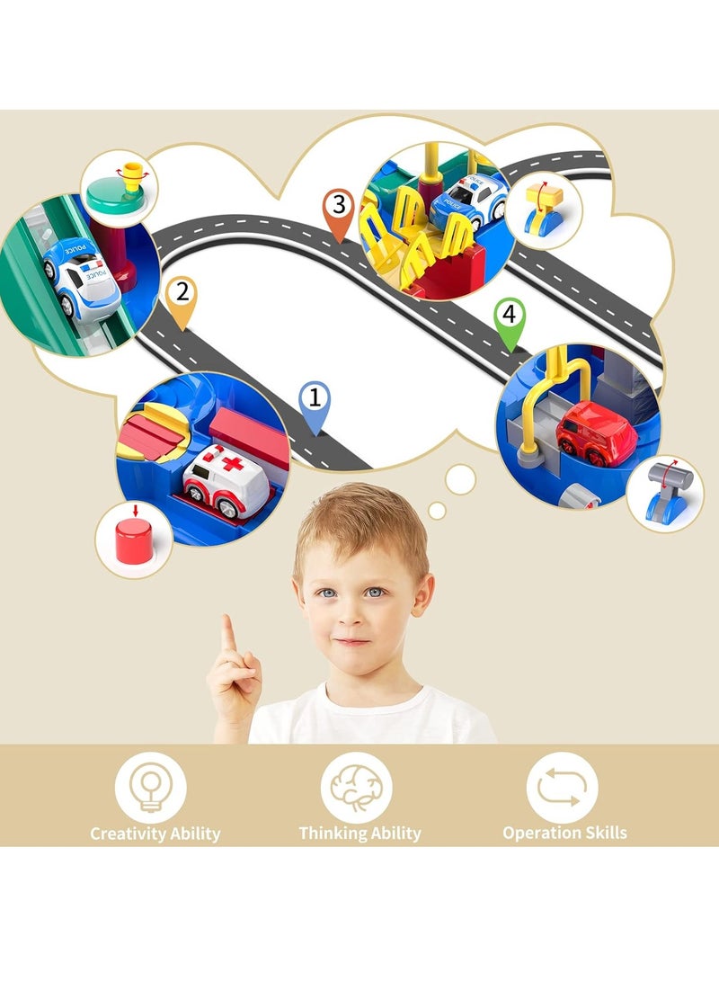 Hanayo مجموعة مسارات العجلات مع 4 ألعاب سيارات متعددة الممرات لمرحلة ما قبل المدرسة التعليمية للمدينة الإنقاذ، مسار سباق سيارات كرتونية، مغامرة كبيرة، لغز السكك الحديدية، ألعاب مغناطيسية للأطفال - Image 3