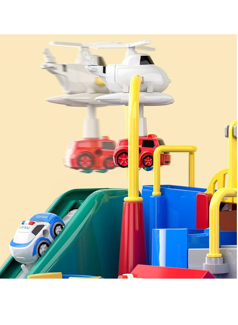 Hanayo مجموعة مسارات العجلات مع 4 ألعاب سيارات متعددة الممرات لمرحلة ما قبل المدرسة التعليمية للمدينة الإنقاذ، مسار سباق سيارات كرتونية، مغامرة كبيرة، لغز السكك الحديدية، ألعاب مغناطيسية للأطفال - Image 2