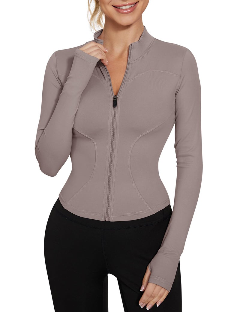 LUYAA Womens Light Cropped Running Jackets Long Sleeve Workout Tops Zipper Up Gym Wear Athletic Shirts Lunar Rock S - Image 1