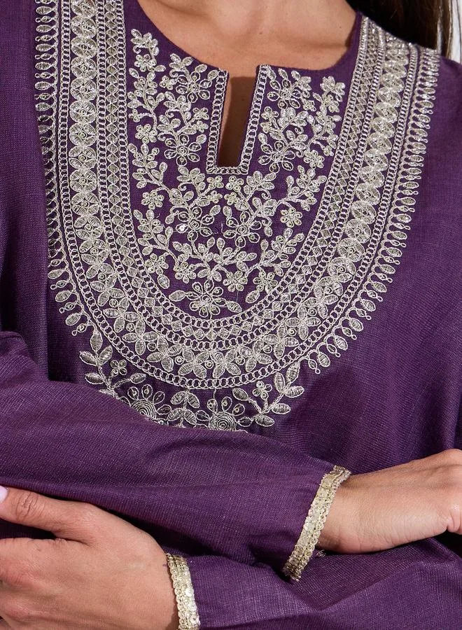 Amirah  Purple Embroidered Long Slevves maxi Jalabiya for Women | Best Price UAE