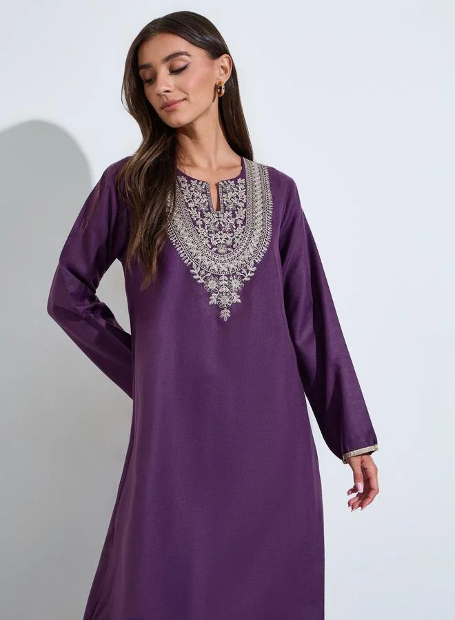 Amirah  Purple Embroidered Long Slevves maxi Jalabiya for Women | Best Price UAE