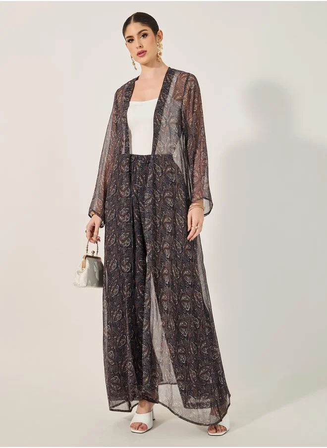 Styli printed abaya and inner top and pants set