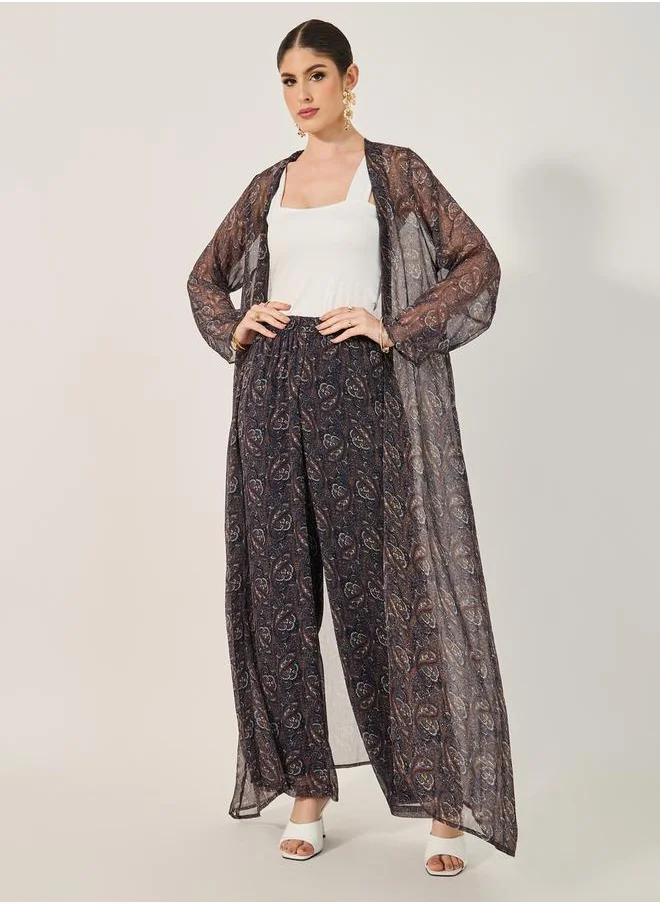 Styli printed abaya and inner top and pants set