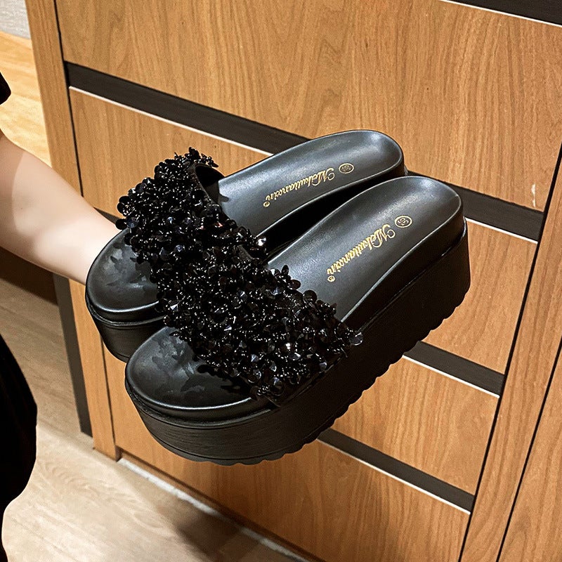 Fashionable Beaded Rhinestone Slippers Women'S Summer 2024 Outer Wear Platform Cake With Non-Slip Slim Height 8Cm - Image 1