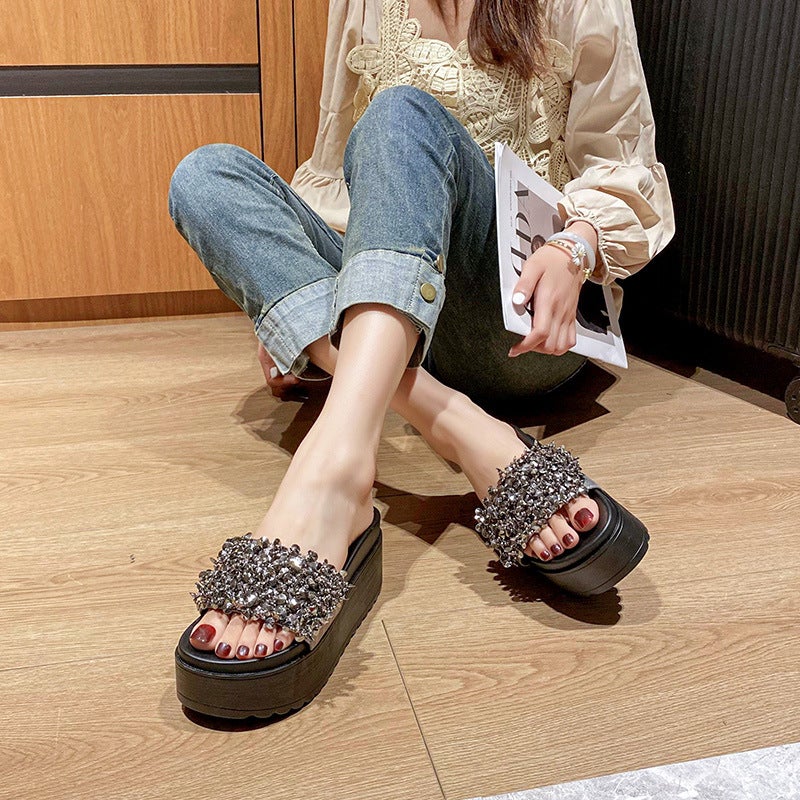 Fashionable Beaded Rhinestone Slippers Women'S Summer 2024 Outer Wear Platform Cake With Non-Slip Slim Height 8Cm - Image 2