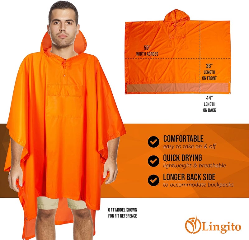 Lingito Heavy Duty Rain Poncho for Backpacking, Waterproof Lightweight for Adults, Military, Emergency, Camping, Men, Women - Image 2