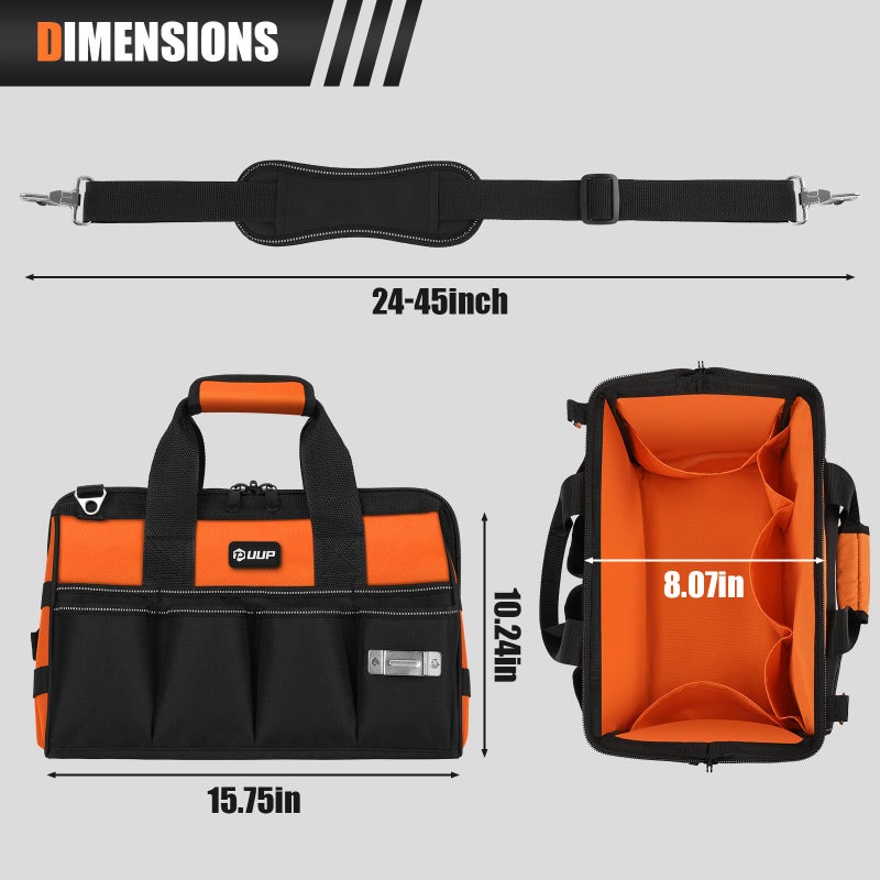 UUP Heavy Duty Tool Bag 15-Inch, 16-Pocket Portable Soft Tool Box Organizer Storage, Handle Tactical Carry Tote Empty Toolbox with Large Zipper, Father Day Dad Men Gift for Mechanic Engineer, Orange - Image 2