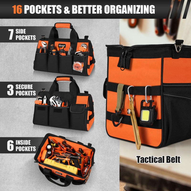 UUP Heavy Duty Tool Bag 15-Inch, 16-Pocket Portable Soft Tool Box Organizer Storage, Handle Tactical Carry Tote Empty Toolbox with Large Zipper, Father Day Dad Men Gift for Mechanic Engineer, Orange - Image 3