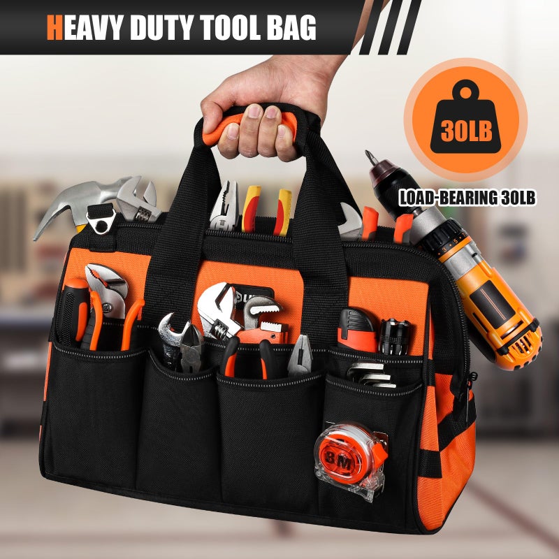 UUP Heavy Duty Tool Bag 15-Inch, 16-Pocket Portable Soft Tool Box Organizer Storage, Handle Tactical Carry Tote Empty Toolbox with Large Zipper, Father Day Dad Men Gift for Mechanic Engineer, Orange - Image 4