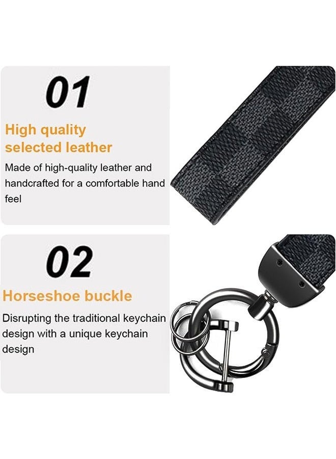 2 Pcs Car PU Leather Metal Key chain Plaid Leather Zinc Alloy Ring 360° Rotating  Car Universal Wrist Band  Key School Bag Car Decoration Pendant Black and brown Send 2 Screwdriver - Image 3