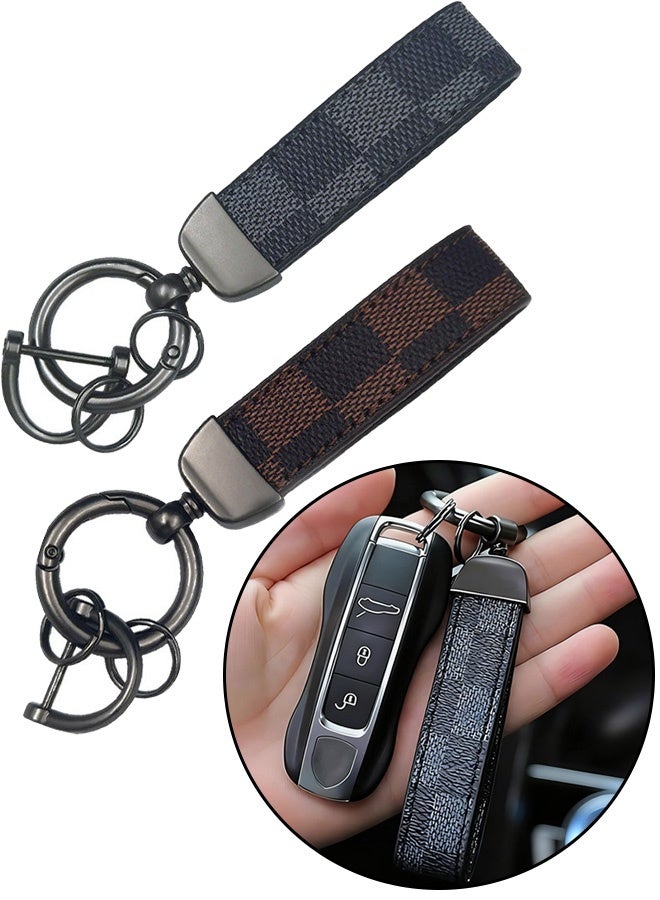 2 Pcs Car PU Leather Metal Key chain Plaid Leather Zinc Alloy Ring 360° Rotating  Car Universal Wrist Band  Key School Bag Car Decoration Pendant Black and brown Send 2 Screwdriver - Image 1