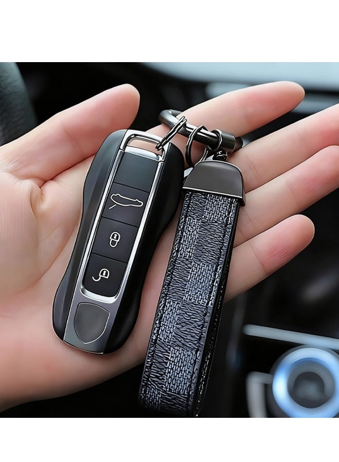 2 Pcs Car PU Leather Metal Key chain Plaid Leather Zinc Alloy Ring 360° Rotating  Car Universal Wrist Band  Key School Bag Car Decoration Pendant Black and brown Send 2 Screwdriver - Image 2