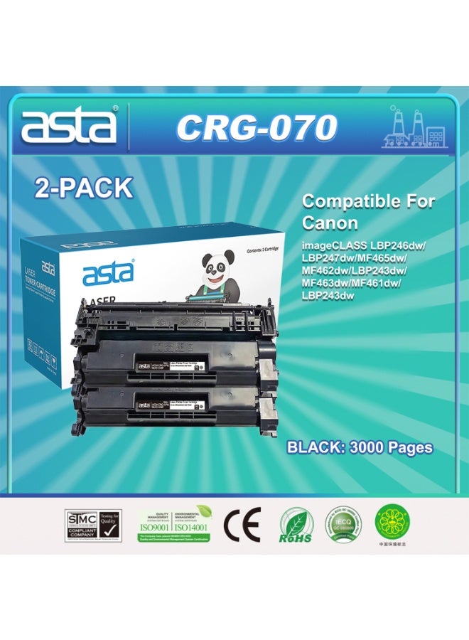 استا عبوتان من خراطيش حبر أسود ASTA CRG070 مزودة بشريحة، عالية الجودة، متوافقة مع طابعات Canon imageCLASS LBP246dw، LBP247dw، MF465dw، MF462dw، LBP243dw، MF463dw، MF461dw، LBP243dw، طباعة واضحة ونقية، بأسعار مناسبة. - Image 1