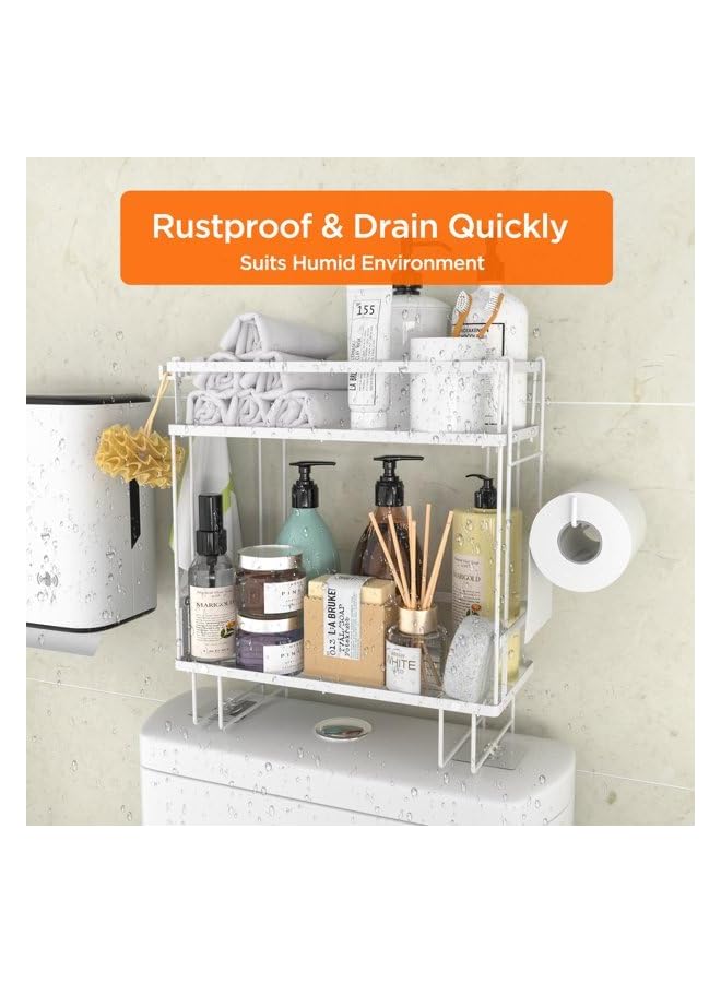 راكسوم تخزين فوق رف المرحاض، رف منظم للحمام من طبقة واحدة فوق المرحاض، يمكن أن يكون مقاومًا للماء والغبار، رف موفر لمساحة المرحاض مع خطاف وقاعدة لاصقة (2-أبيض) - Image 2