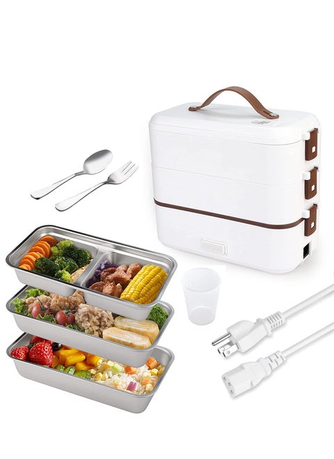 Self Cooking Electric Lunch Box, Portable Food Warmer for On-the-Go, 3 Layers 800ML Slow Cooker Heated Lunch Box for Home Office Travel Cook Food (White)