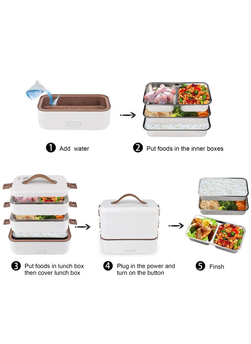 Arabest - Self Cooking Electric Lunch Box, Portable Food Warmer for On-the-Go, 3 Layers 800ML Slow Cooker Heated Lunch Box for Home Office Travel Cook Food (White) - Image 1