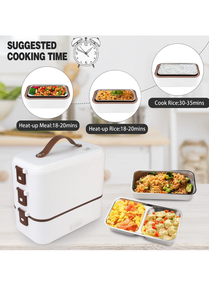 Arabest - Self Cooking Electric Lunch Box, Portable Food Warmer for On-the-Go, 3 Layers 800ML Slow Cooker Heated Lunch Box for Home Office Travel Cook Food (White) - Image 1