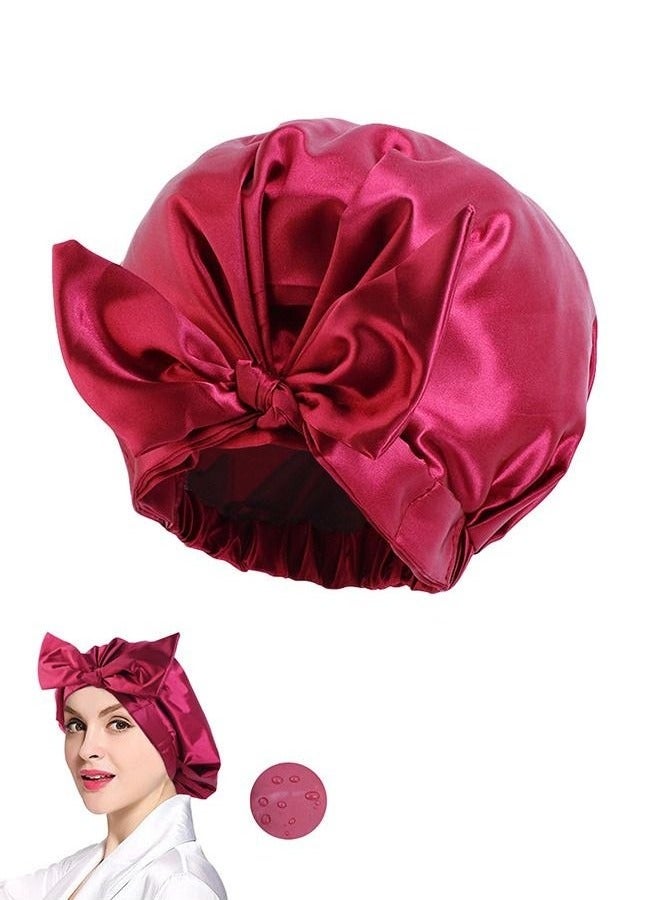 Loquat Satin Bonnet Tie Knot Shower Cap, Adjustable Elastic Tie Hair Care Sleep Caps, Hair Cover Bonnet Caps for Sleep Shower (Red) - Image 1