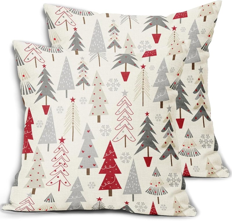 jaexest Christmas Tree Pillow Covers 18x18 Set of 2, Red Grey Beige Xmas Decor Throw Pillowcases - Linen Blend Cushion Covers for Sofa Couch Bed Farmhouse Winter Holiday Decorations - Image 1