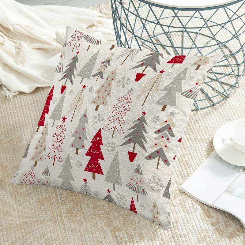 jaexest Christmas Tree Pillow Covers 18x18 Set of 2, Red Grey Beige Xmas Decor Throw Pillowcases - Linen Blend Cushion Covers for Sofa Couch Bed Farmhouse Winter Holiday Decorations - Image 2