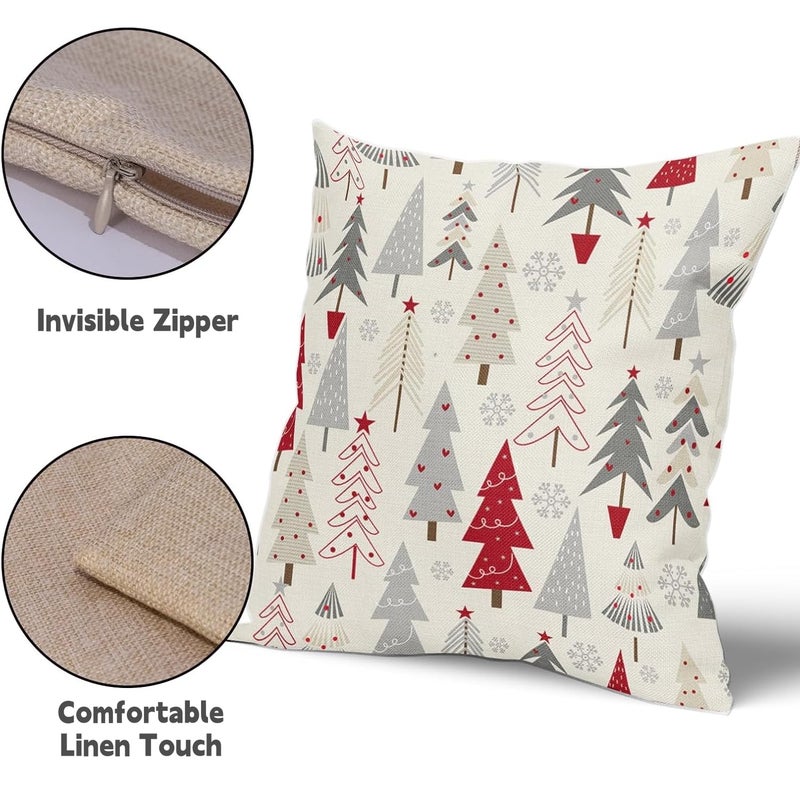 jaexest Christmas Tree Pillow Covers 18x18 Set of 2, Red Grey Beige Xmas Decor Throw Pillowcases - Linen Blend Cushion Covers for Sofa Couch Bed Farmhouse Winter Holiday Decorations - Image 5