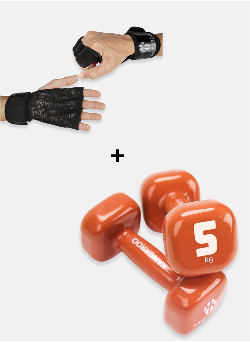KANGAROO A set of two-piece dumbbells - 5 kg and 5 kg with gloves 