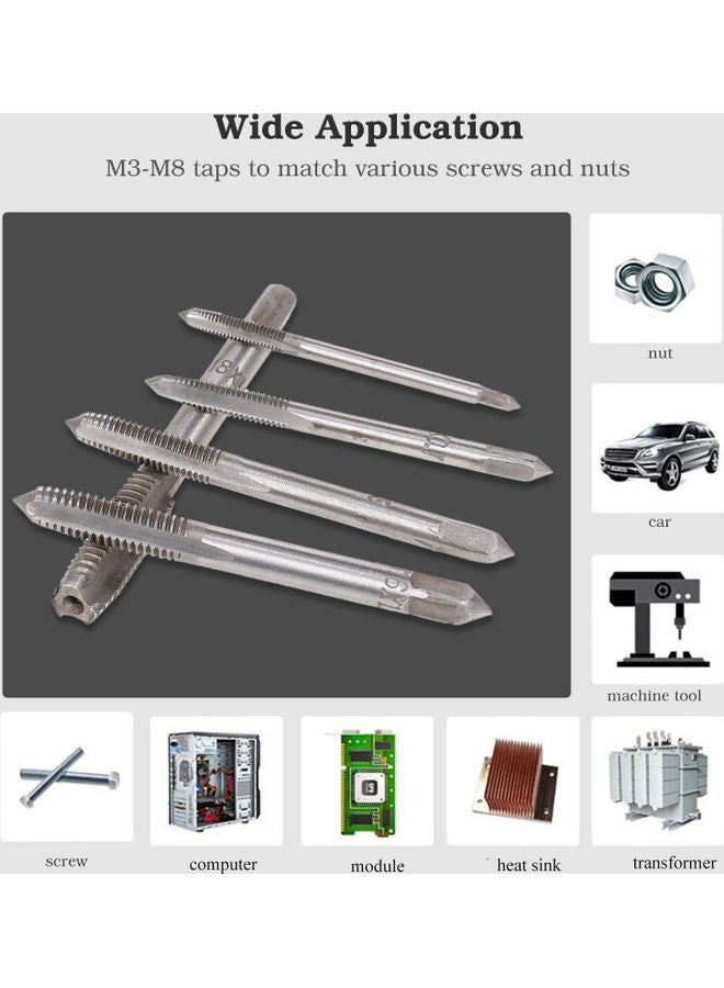 NIBEMINENT 5-Piece Adjustable T-Handle Ratcheting Wrench Thread Kit with M3-M8 Machine Screw Metric Plug Tap Silver - Image 3