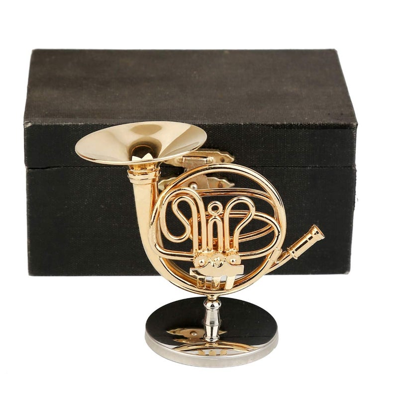 Dselvgvu Miniature French Horn with Stand and Case Brass Mini Musical Instrument Replica Collectible Figurines Dollhouse Accessories Model Home Decoration Display Ornament 375x177 French Horn - Image 3