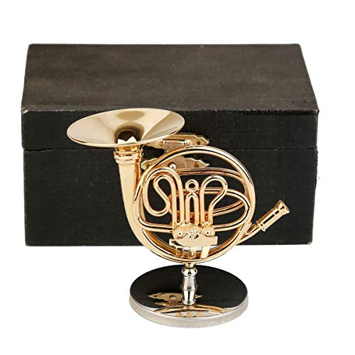 Dselvgvu Miniature French Horn with Stand and Case Brass Mini Musical Instrument Replica Collectible Figurines Dollhouse Accessories Model Home Decoration Display Ornament 375x177 French Horn - Image 1
