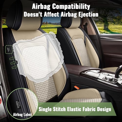 IKABEVEM Car Seat Covers Front Seats for GMC Yukon 2007-2025 2026 SUV - Breathable Cooling Ice Silk Leather Seat Cover - 2 Seats for GMC Yukon Accessories (Black&Beige) - Image 4