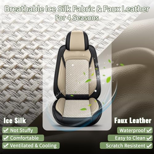 IKABEVEM Car Seat Covers Front Seats for GMC Yukon 2007-2025 2026 SUV - Breathable Cooling Ice Silk Leather Seat Cover - 2 Seats for GMC Yukon Accessories (Black&Beige) - Image 2