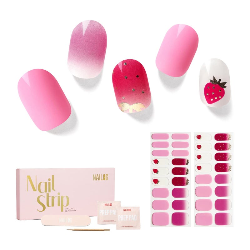 NAILOG Semi Cured Gel Nail Strips 34 pcs SalonQuality Gel Nail Stickers Long Lasting Nail Wraps for Women with Soft Gel Finish  Strawberry Love