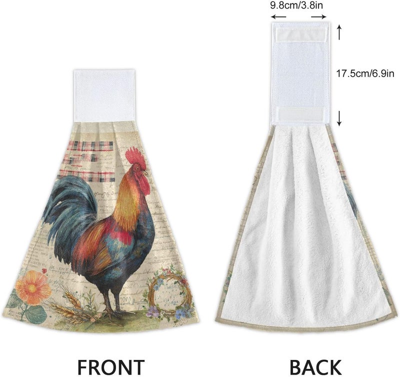 Dussdil Rooster Daisy Plaid Kitchen Hanging Towel 12 x 17 Inch Flowers Chicken Wheat Hand Tie Towels Set 2 Pcs Tea Bar Dish Cloths Dry Towel Soft Absorbent Durable for Bathroom Laundry Room Decor - Image 4