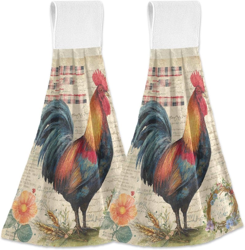 Dussdil Rooster Daisy Plaid Kitchen Hanging Towel 12 x 17 Inch Flowers Chicken Wheat Hand Tie Towels Set 2 Pcs Tea Bar Dish Cloths Dry Towel Soft Absorbent Durable for Bathroom Laundry Room Decor - Image 1