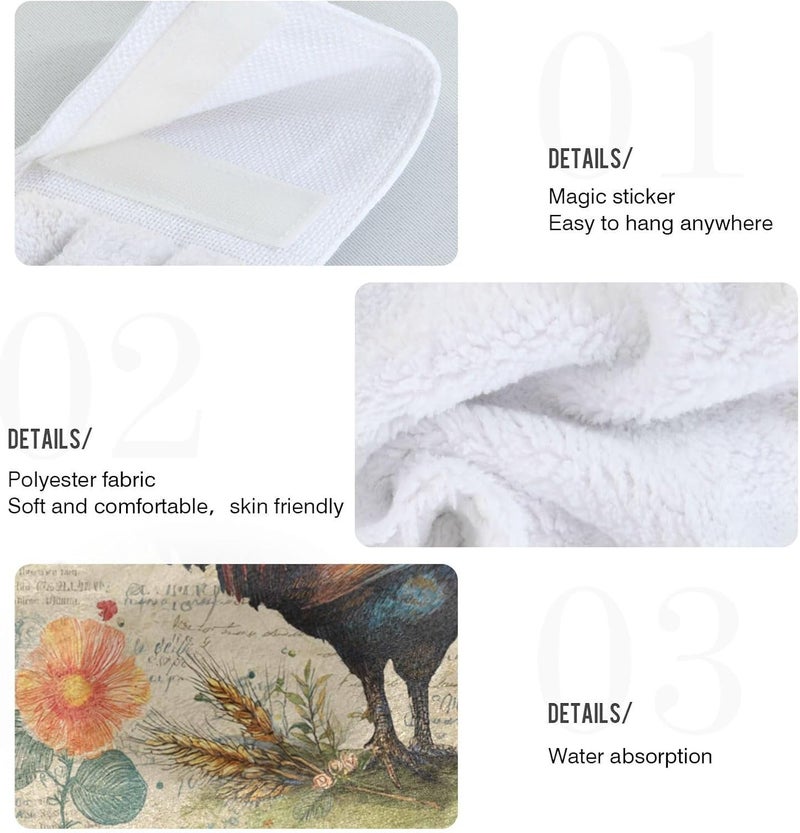 Dussdil Rooster Daisy Plaid Kitchen Hanging Towel 12 x 17 Inch Flowers Chicken Wheat Hand Tie Towels Set 2 Pcs Tea Bar Dish Cloths Dry Towel Soft Absorbent Durable for Bathroom Laundry Room Decor - Image 3