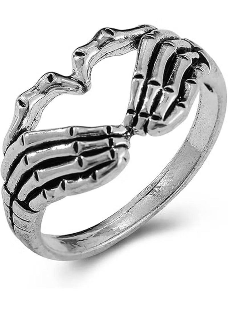 Huitich Gothic Skeleton Hand Heart Ring – Punk Style Silver Fashion Ring - Image 1