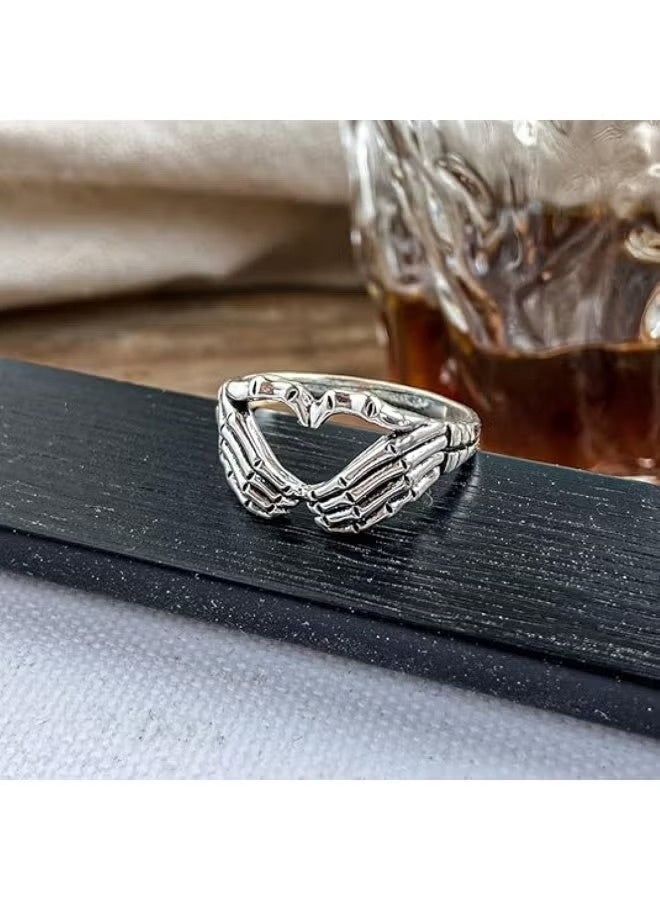 Huitich Gothic Skeleton Hand Heart Ring – Punk Style Silver Fashion Ring - Image 3