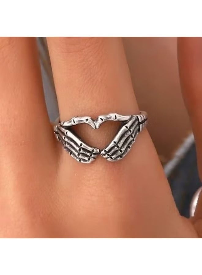 Huitich Gothic Skeleton Hand Heart Ring – Punk Style Silver Fashion Ring - Image 2
