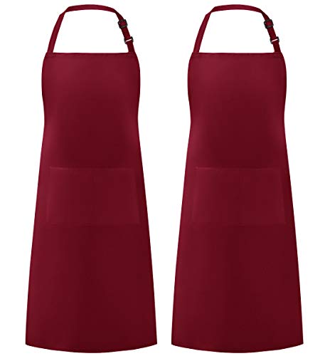 Syntus 2 Pack Adjustable Bib Apron Waterdrop Resistant with 2 Pockets Cooking Kitchen Aprons for BBQ Drawing Women Men Chef Dark Red
