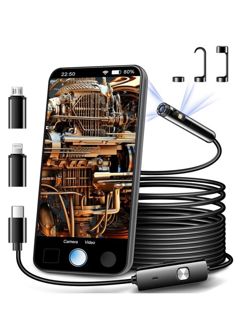 Dual Lens Endoscope Inspection Camera Dual HD Lens IP68 Waterproof 5M Semi Rigid Cable Borescope Camera with LED Lights Compatible with Android and iOS Devices